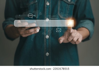 Technology Internet search engine, using search tool tabs, management data information technology network, man hands holding mobile in office, visual search tab browser with website and social media.