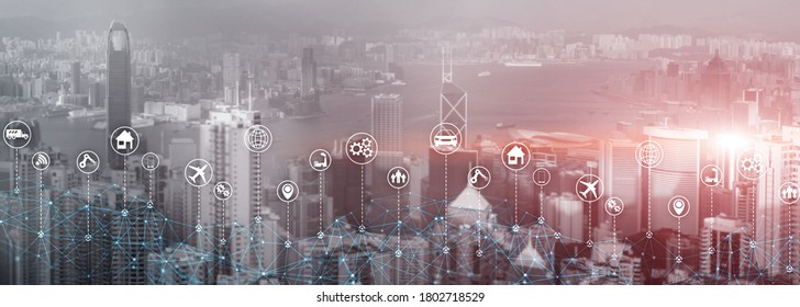 Technology Internet of things wireless communication iot concept networking. Modern city skyline double exposure mixed media.