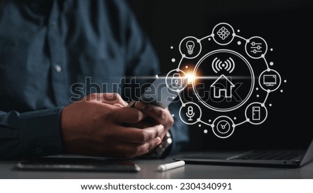 technology, iot, home, smart, interface, system, innovation, control, future, security. use smartphone for control smart home innovation. iot interface system technology. security of assitant.