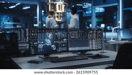 Technology Laboratory with Desktop Computers with Molecular Modelling Software. Scientific Lab, Bioengineering Research Center with Quantum Computer and Scientists Working in the Background