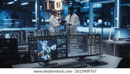 Technology Laboratory with Desktop Computers with Molecular Modelling Software. Scientific Lab, Bioengineering Research Center with Quantum Computer and Scientists Working in the Background