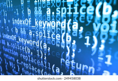 Technology modern screen. Abstract data bits stream background. Digital cyber pattern. Selective DOF focus. Blue background color.  All code written by myself.