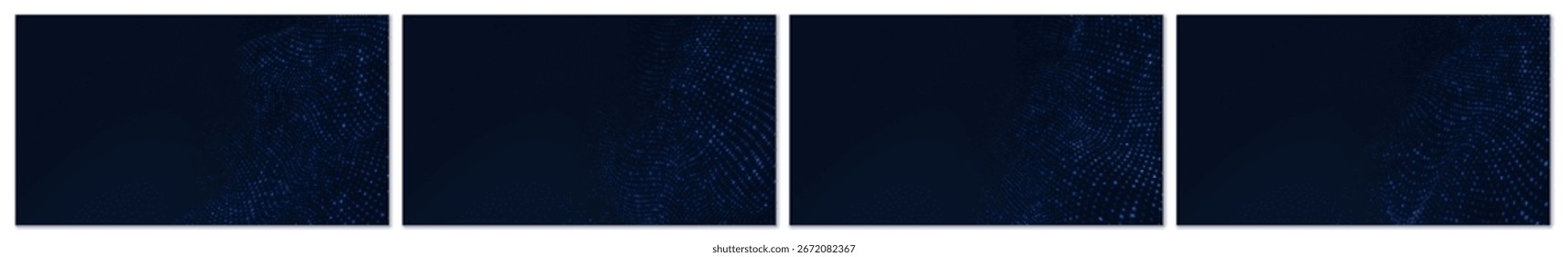 Technology Network Background set of 4 backgrounds. Abstract digital wave of glowing blue particles forming a tech mesh pattern on a dark blue gradient, representing data flow. 3D render