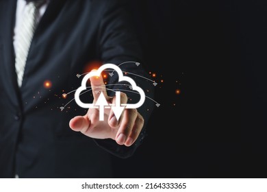 Technology network cloud concept. information digital data computing storage server. man point the finger cloud storage and connect wireless information.