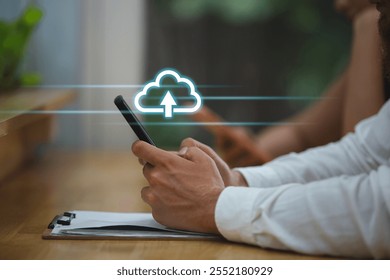Technology network cloud concept. Smartphone with cloud storage online and connect wireless information. Digital data computing server services transfer.