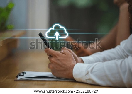 Technology network cloud concept. Smartphone with cloud storage online and connect wireless information. Digital data computing server services transfer.