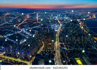 Technology Network And Connection Technology Concept With Night Cityscape Of Seoul,South Korea Background