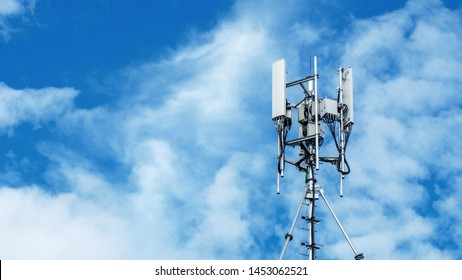 Technology on the top of the telecommunication. Cellular phone antennas on a building roof.Telecommunication mast television antennas.Receiving and transmitting stations. - Shutterstock ID 1453062521