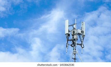 Technology on the top of the telecommunication. Cellular phone antennas on a building roof.Telecommunication mast television antennas.Receiving and transmitting stations. - Shutterstock ID 1453062530