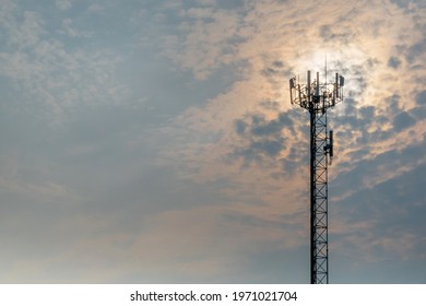 Technology On The Top Of The Telecommunication GSM (5G,4G,3G) Tower.Cellular Phone Antennas On A Building Roof.Telecommunication Mast Television Antennas.Receiving And Transmitting Stations