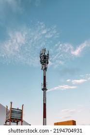 Technology On The Top Of The Telecommunication GSM (5G,4G) Tower With Copy Space.Cellular Phone Antennas On A Building Roof.Telecommunication Mast Television Antennas.Development Communication System