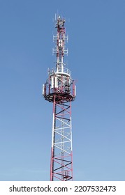 Technology On The Top Of The Telecommunication GSM (5G,4G) Tower With Copy Space.Cellular Phone Antennas On A Building Roof.Telecommunication Mast Television Antennas.Development Communication System