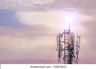 Technology On The Top Of The Telecommunication GSM (5G,4G,3G) Tower.Cellular Phone Antennas On A Building Roof.silhouette Of Telecommunication Mast Television Antennas.