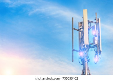 Technology On The Top Of The Telecommunication GSM (5G,4G,3G) Tower.Cellular Phone Antennas On A Building Roof.Telecommunication Mast Television Antennas.
