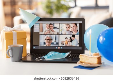 technology, pandemic and online communication concept - laptop computer with happy people on screen having video call or virtual birthday party at home - Powered by Shutterstock