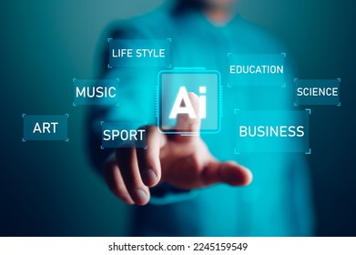 Technology and people concept man use AI to help work, AI Learning and Artificial Intelligence Concept. Business, modern technology, internet and networking concept. AI technology in everyday life. - Shutterstock ID 2245159549