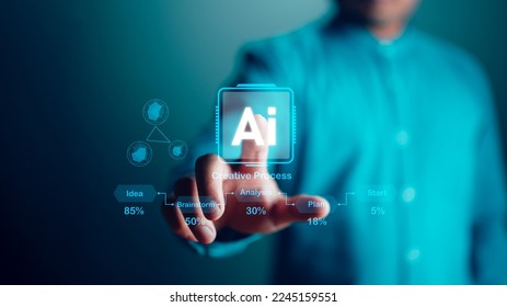 Technology and people concept man use AI to help work, AI Learning and Artificial Intelligence Concept. Business, modern technology, internet and networking concept. AI technology in everyday life. - Shutterstock ID 2245159551