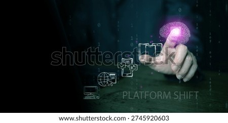 Technology platform shift. Man touches glowing AI brain icon, evolving through PC, internet, social media, and smartphone eras. Artificial intelligence, tech trend transition, digital transformation