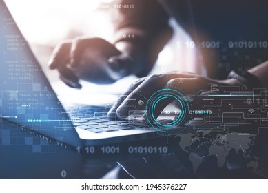 Technology process of digital software development concept. Programmer, software developer coding javascript on laptop computer, technology icons, global network connection on virtual screen