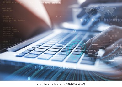 Technology process of digital software development concept. Programmer, software developer coding javascript on laptop computer, technology icons, global network connection on virtual screen