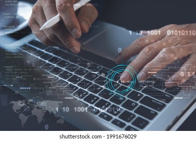Technology process of digital software development concept. Programmer, software developer coding javascript on laptop computer, technology icons, global network connection on virtual screen