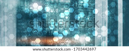 Technology Process Organisation Structure. Icons inside honeycombs. Mixed Media Supercomputer Background.
