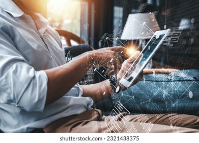 technology, processor, business, innovation, network, link, system, intelligence, neural, node. touching at tablet then technology neural network system showing. that is tech of business to innovation