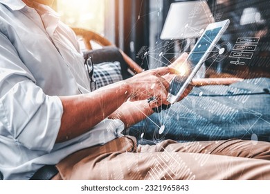 technology, processor, business, innovation, network, link, system, intelligence, neural, node. touching at tablet then technology neural network system showing. that is tech of business to innovation