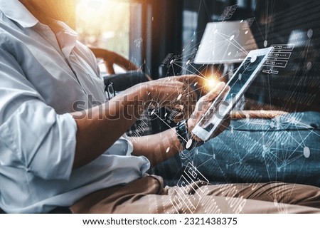 technology, processor, business, innovation, network, link, system, intelligence, neural, node. touching at tablet then technology neural network system showing. that is tech of business to innovation