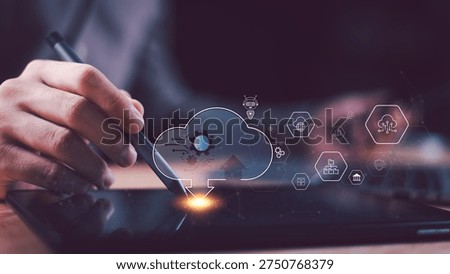 technology professional interacts with virtual cloud interface showing automation, system integration, digital workflow icons, illustrating cloud services, smart data processing, IT infrastructure.