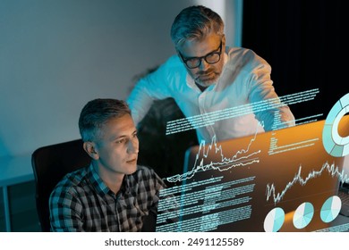 Technology Professionals Analyzing Data On Transparent Screen In Modern Office - Powered by Shutterstock - Get 15% off with code: PIKWIZARD15