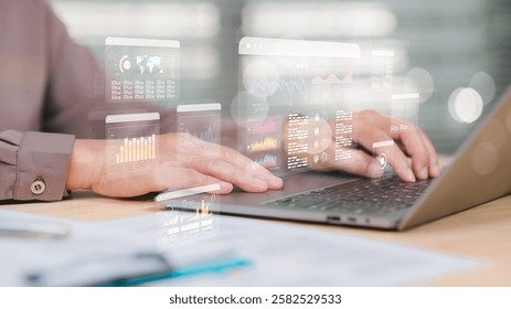 Technology research supports interface analytics for procurement and business management in office using laptop, digital data communication with person worker online technology and research through technology.
