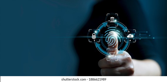 Technology safety of future and cybernetic on internet, Fingerprint scan provides access of security and identification of business, Big Data, Banking and Cloud computing.