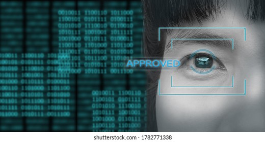 Technology scan eyes decryption with text Approved. for article data theft hacker or data protection code. scientific technology and science.