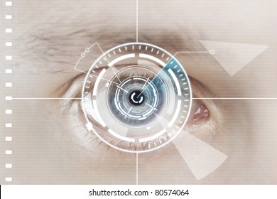 Technology scan man's eye for security or identification. Eye with scanner and computer interface