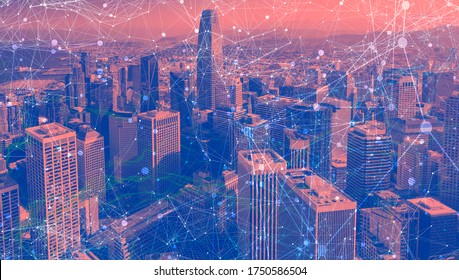 Technology screen with abstract network patterns and downtown San Francisco skyscrapers