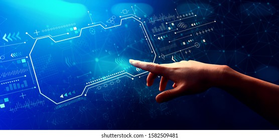 Technology screen with hand pressing a button on a technology screen