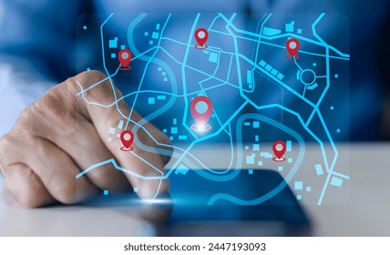 Technology smart navigation and location tracking with professional hand interacting with futuristic GPS map interface locations of services, delivery, travel app, logistics and transportation