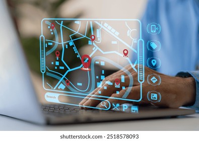 Technology smart navigation and location tracking with professional hand interacting with futuristic GPS map interface locations of services, delivery, travel app, logistics and transportation