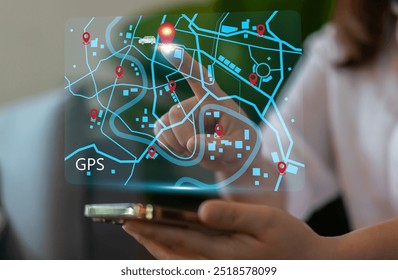 Technology smart navigation and location tracking with professional hand interacting with futuristic GPS map interface locations of services, delivery, travel app, logistics and transportation - Powered by Shutterstock - Get 15% off with code: PIKWIZARD15