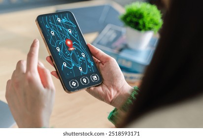 Technology smart navigation and location tracking with professional hand interacting with futuristic GPS map interface locations of services, delivery, travel app, logistics and transportation