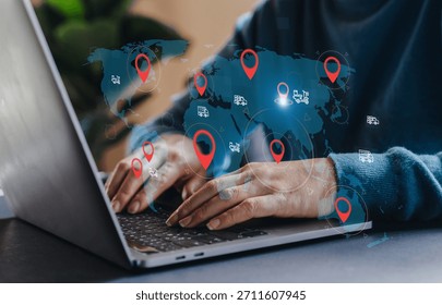 Technology smart navigation and location tracking with professional hand interacting with futuristic GPS map interface locations of services, delivery, travel app, logistics and transportation