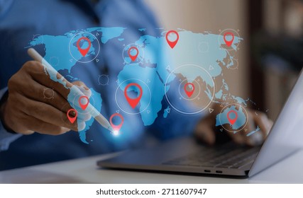 Technology smart navigation and location tracking with professional hand interacting with futuristic GPS map interface locations of services, delivery, travel app, logistics and transportation
