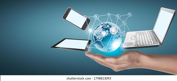 Technology tech devices connected to each other in the hands