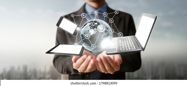 Technology tech devices connected to each other in the hands