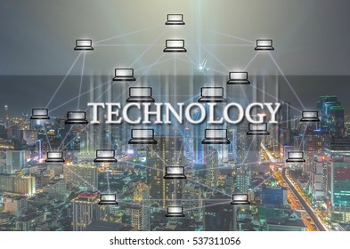 Technology Text and Distributed computer network over the top view cityscape background, Distributed ledger technology concept, Block chain Technology trend concept