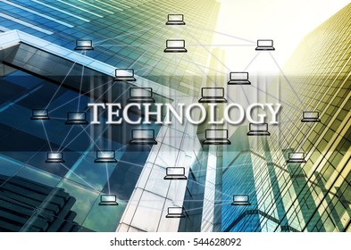 Technology Text and Distributed computer network over the Modern business building glass of skyscrapers, Distributed ledger technology concept, Block chain Technology trend concept