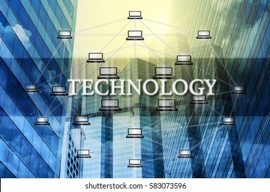 Technology Text and Distributed computer network over the Modern business building glass of skyscrapers, Distributed ledger technology concept, Block chain Technology trend concept
