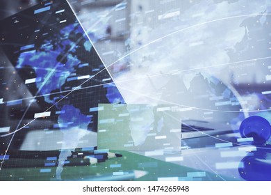 Technology theme drawing and table with computer. Double exposure. Concept of information.