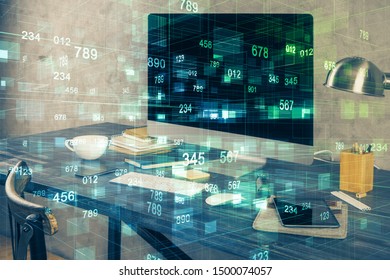 Technology theme drawing and table with computer. Double exposure. Concept of information.